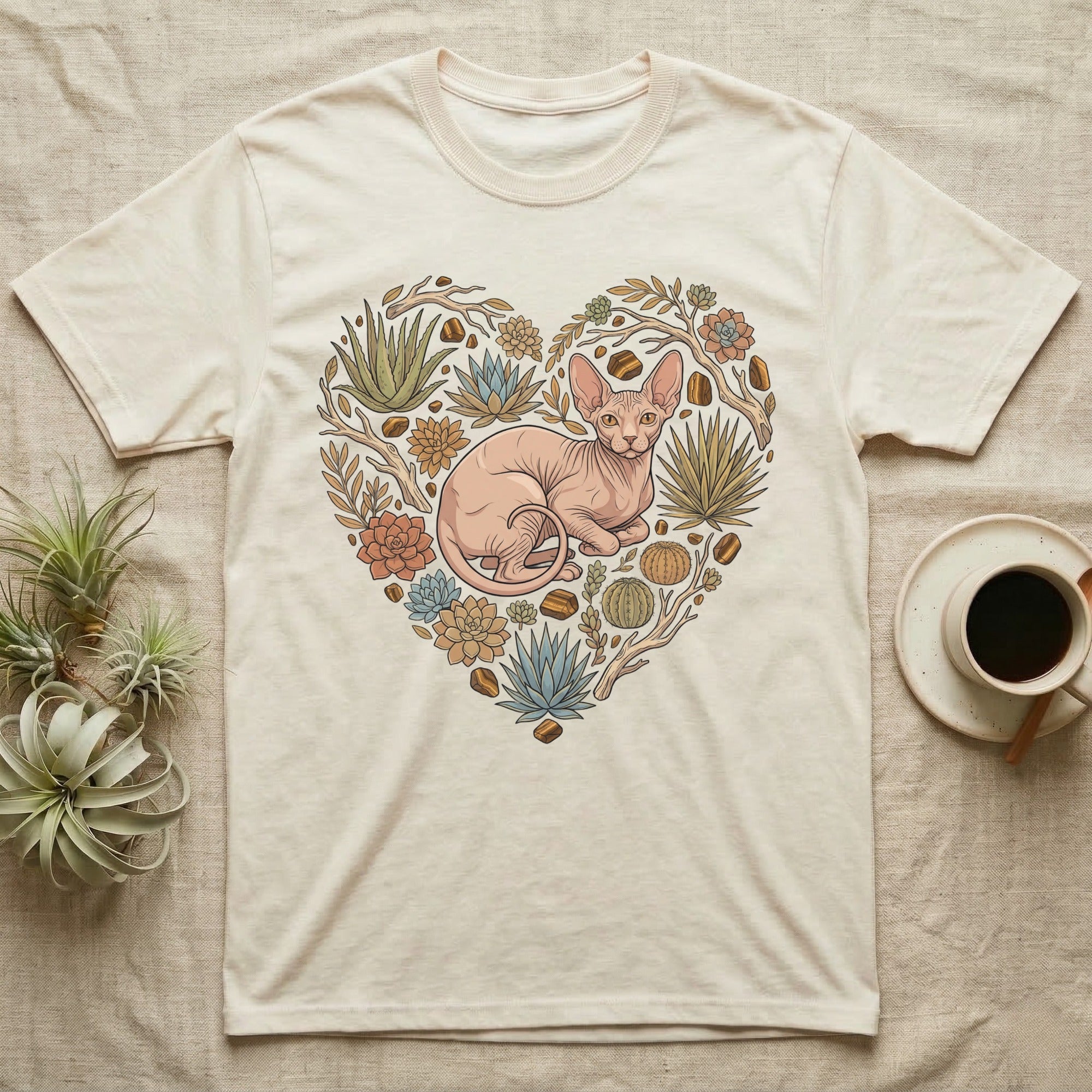 Cream t-shirt with a heart-shaped botanical illustration featuring a Sphinx cat.