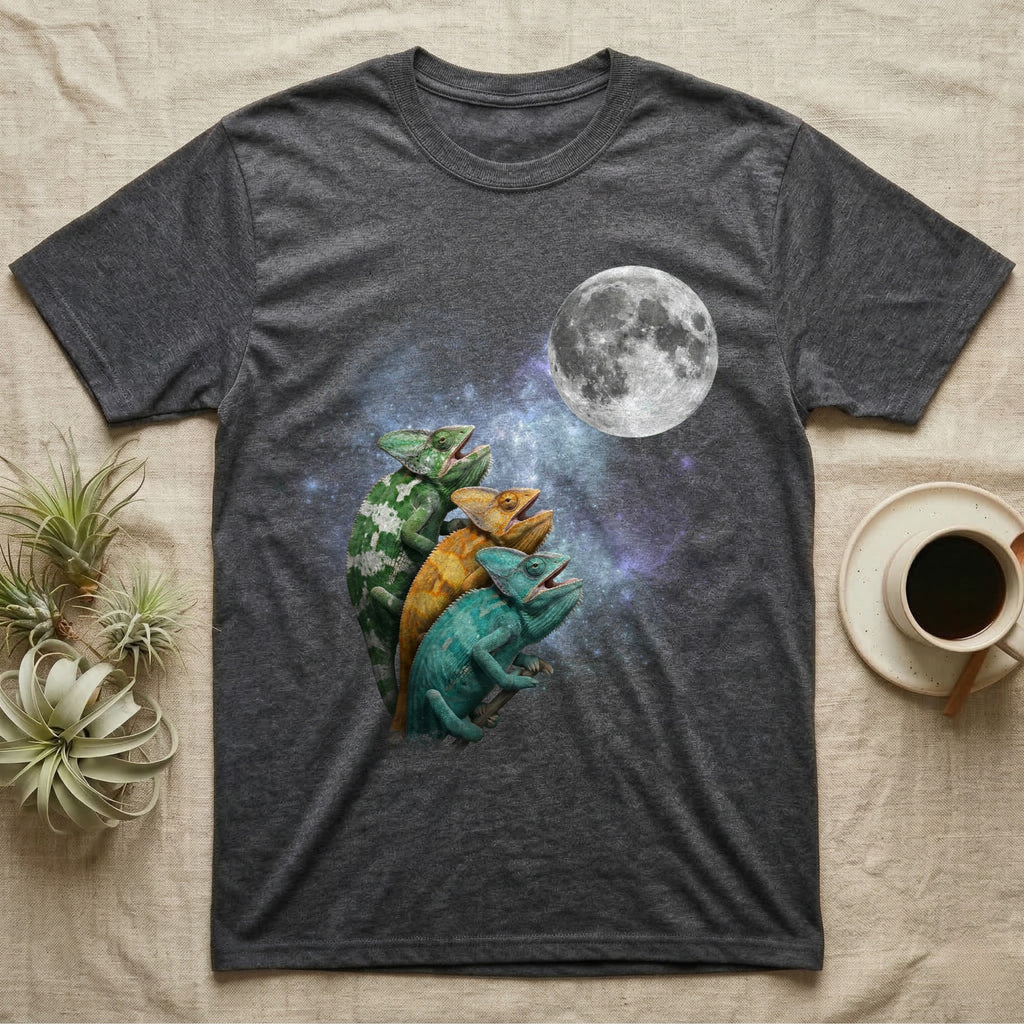 Veiled Chameleon Moon Howl T-Shirt in Dark Heather — Three Veiled Chameleon colour morphs howling at a full moon over a nebula on a dark grey t-shirt.