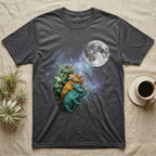 Veiled Chameleon Moon Howl T-Shirt in Dark Heather — Three Veiled Chameleon colour morphs howling at a full moon over a nebula on a dark grey t-shirt.