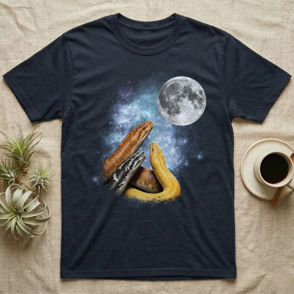 Kenyan Sand Boa Moon Howl T-Shirt in Navy — Three Kenyan Sand Boa colour morphs howling at a full moon over a nebula on a dark grey t-shirt.