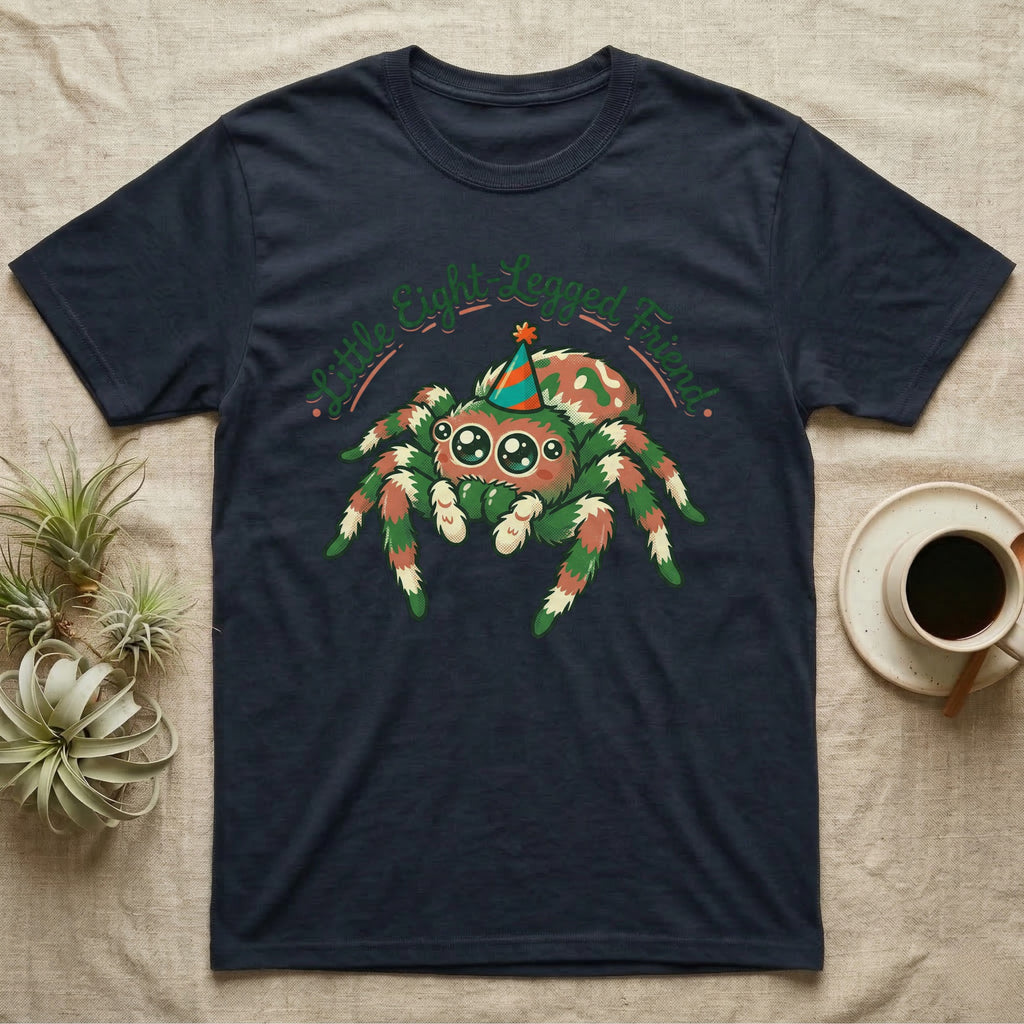 Navy t-shirt with a green and pink cartoon spider wearing a party hat.