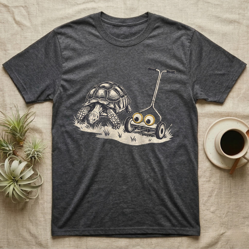 Tortoise Lawnmower Googly T-Shirt in Dark Heather — Linocut illustration of a sulcata tortoise grazing beside a push mower wearing oversized googly eyes.