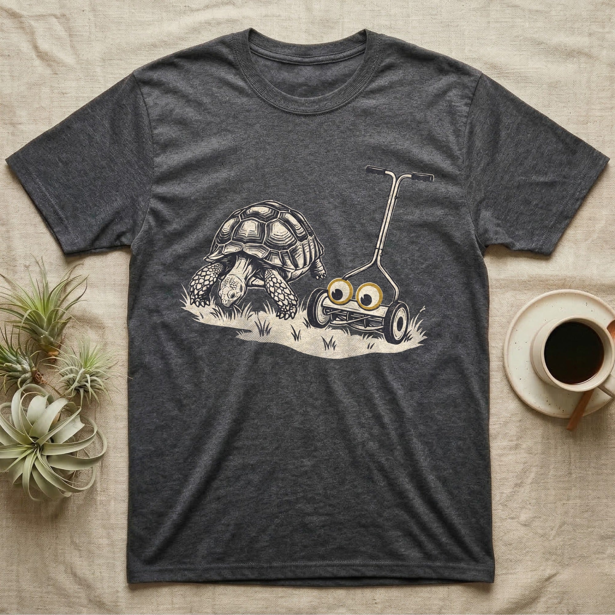 Tortoise Lawnmower Googly T-Shirt in Dark Heather — Linocut illustration of a sulcata tortoise grazing beside a push mower wearing oversized googly eyes.