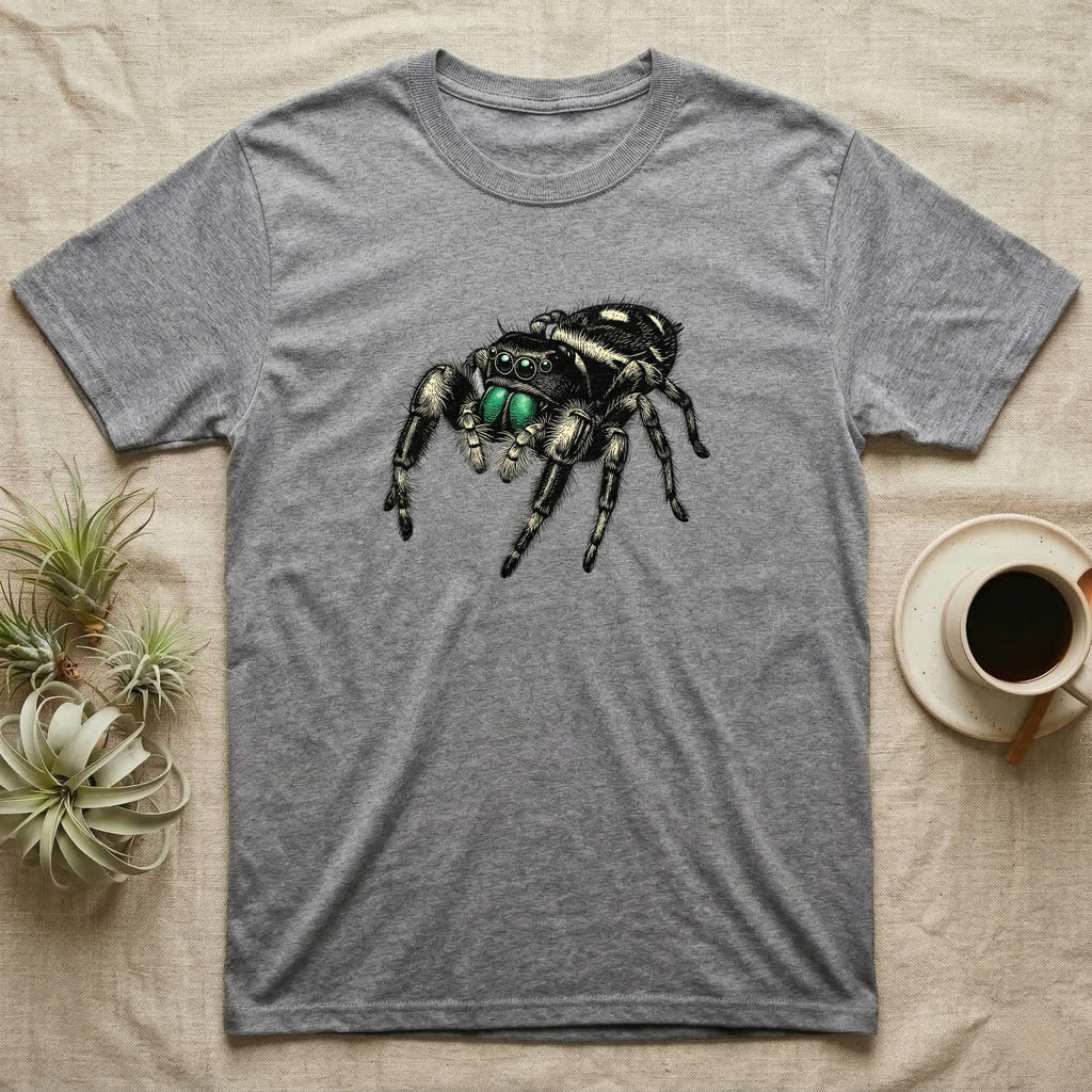 Gray t-shirt featuring a realistic illustration of a black and white jumping spider.
