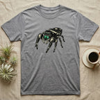 Gray t-shirt featuring a realistic illustration of a black and white jumping spider.