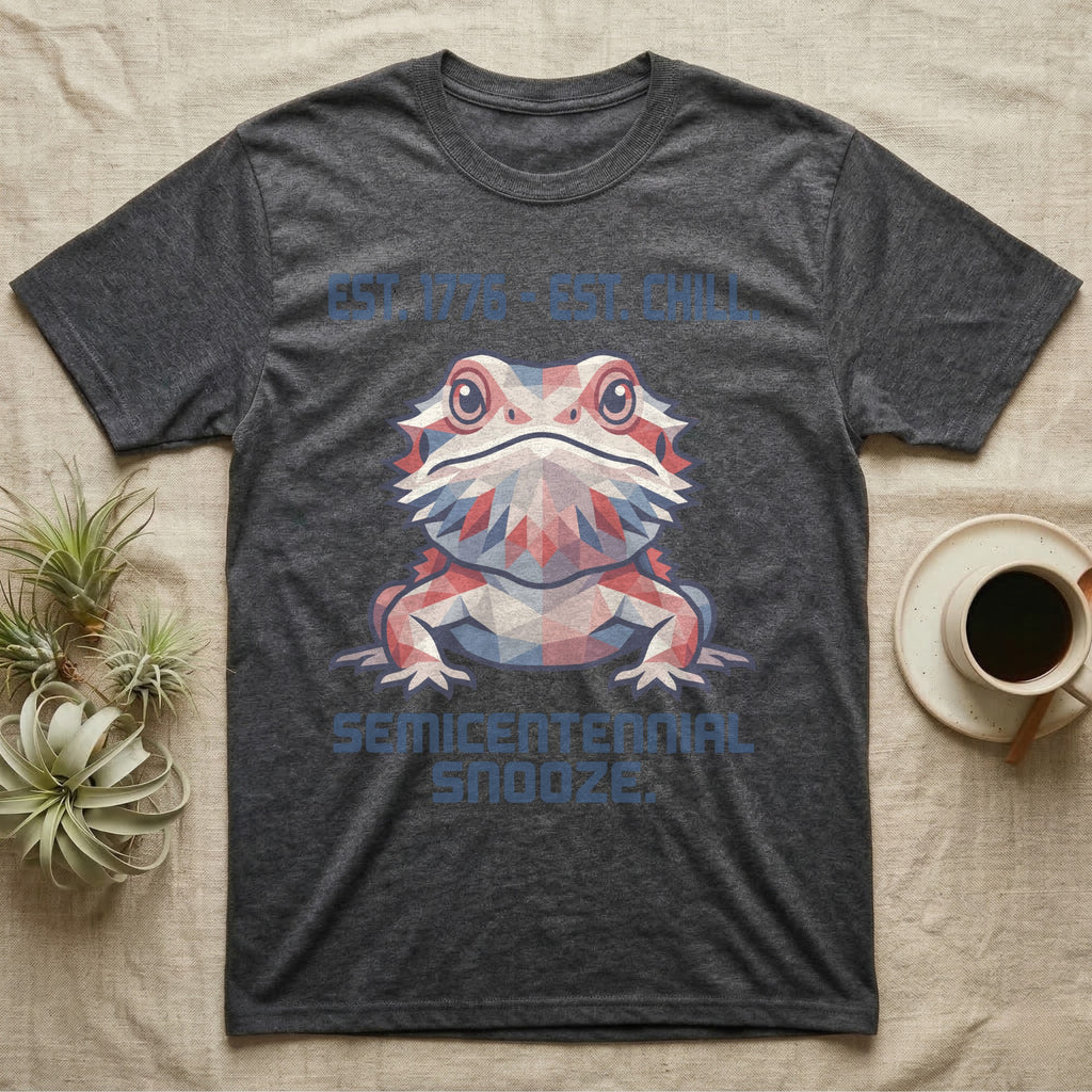 Bearded Dragon Geometric T-Shirt in Dark Heather — Low-poly faceted bearded dragon portrait in muted tones with text Est. 1776 Est. Chill and Semicentennial Snooze.