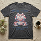 Bearded Dragon Geometric T-Shirt in Dark Heather — Low-poly faceted bearded dragon portrait in muted tones with text Est. 1776 Est. Chill and Semicentennial Snooze.