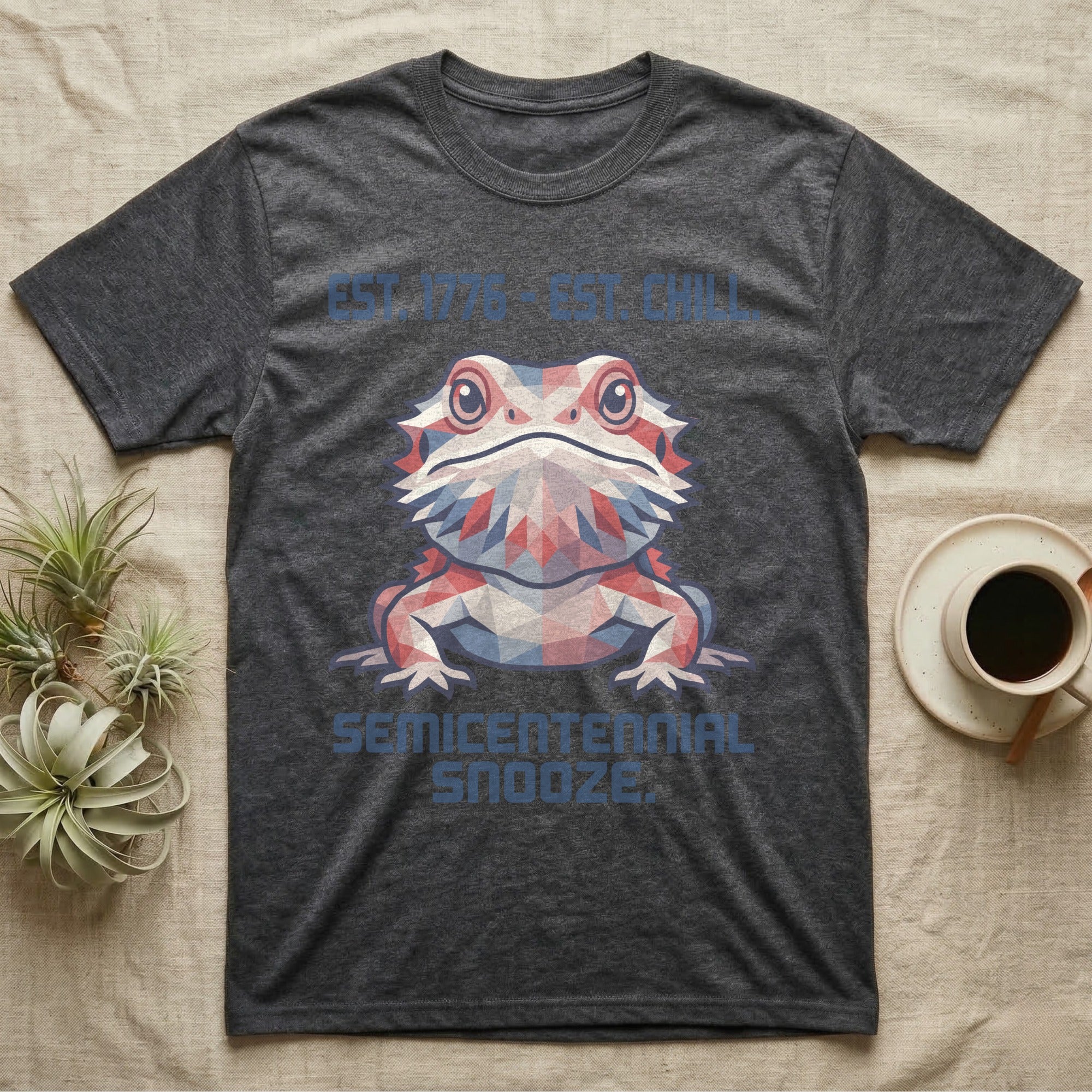 Bearded Dragon Geometric T-Shirt in Dark Heather — Low-poly faceted bearded dragon portrait in muted tones with text Est. 1776 Est. Chill and Semicentennial Snooze.