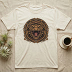 Cream t-shirt with intricate dragon head emblem.