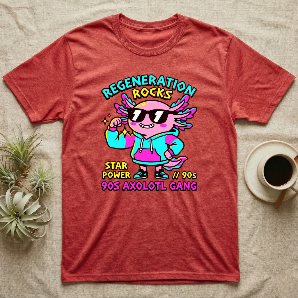 Axolotl Regeneration Rocks T-Shirt in Heather Red — Neon 90s cartoon pink axolotl in shades flexing under "Regeneration Rocks" lettering.