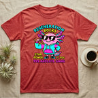 Axolotl Regeneration Rocks T-Shirt in Heather Red — Neon 90s cartoon pink axolotl in shades flexing under "Regeneration Rocks" lettering.