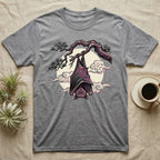 Grey t-shirt with a purple bat hanging upside down from a branch.