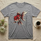 Grey t-shirt with red and white oranda goldfish graphic and text.