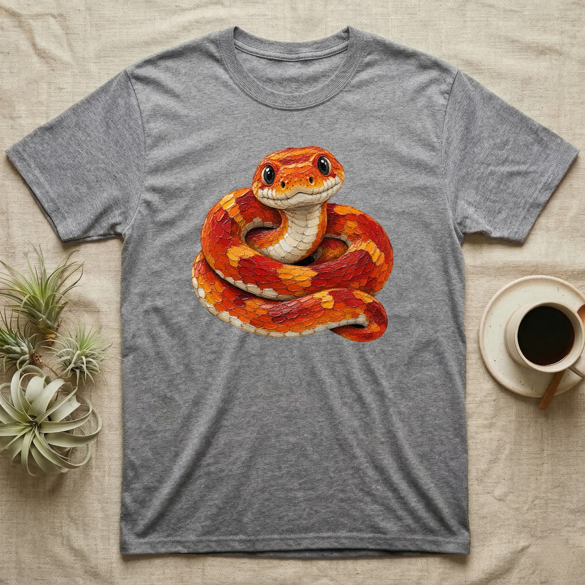 Gray t-shirt with illustration of a coiled orange and red corn snake.