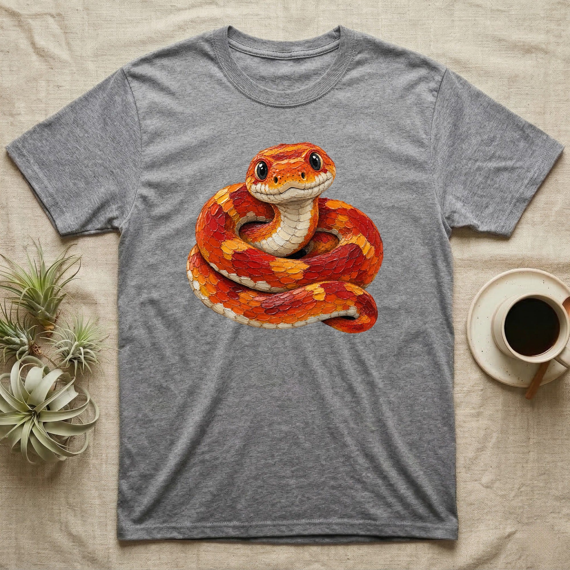 Gray t-shirt with illustration of a coiled orange and red corn snake.