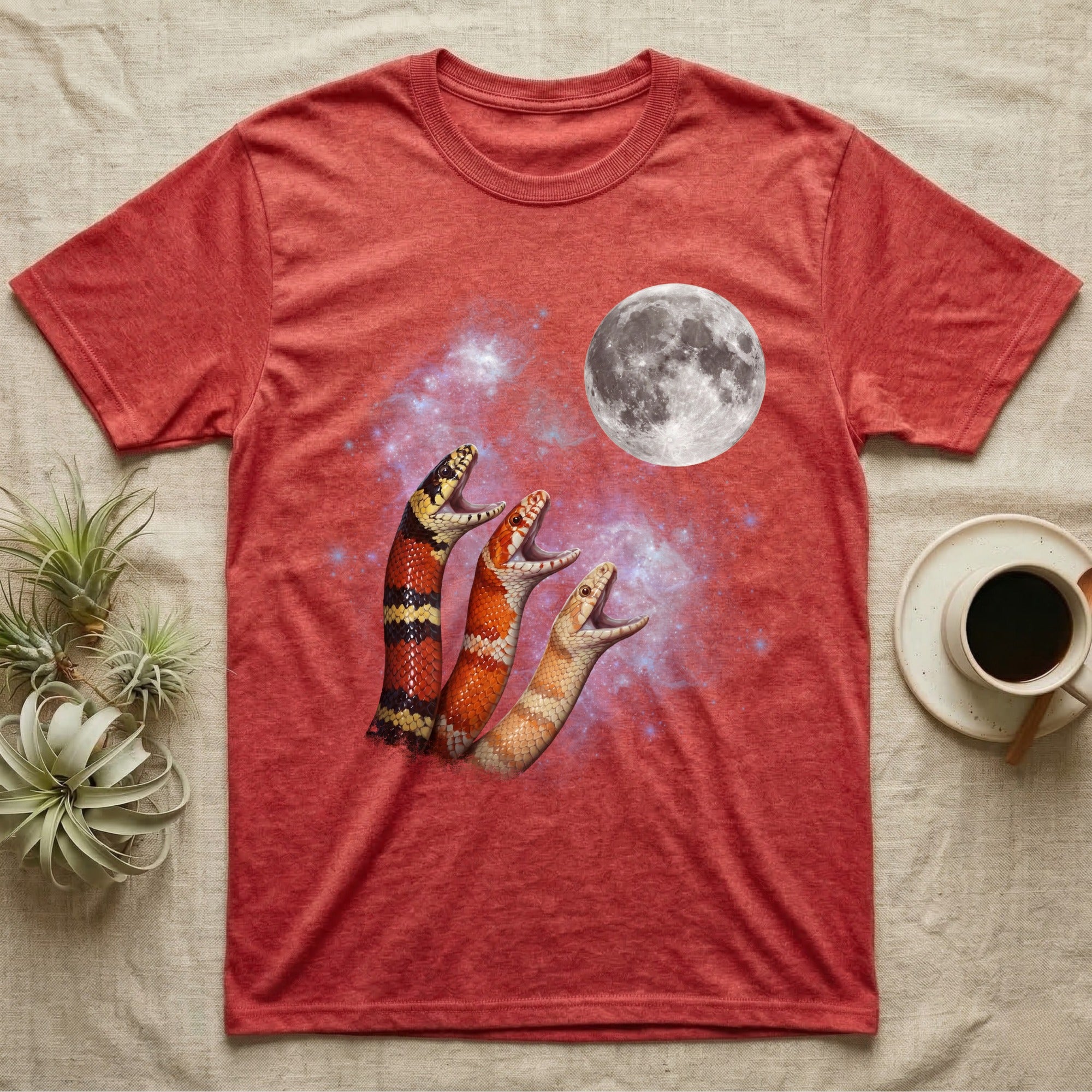 Milk Snake Moon Howl T-Shirt in Heather Red — Three Milk Snake colour morphs howling at a full moon over a nebula on a dark grey t-shirt.