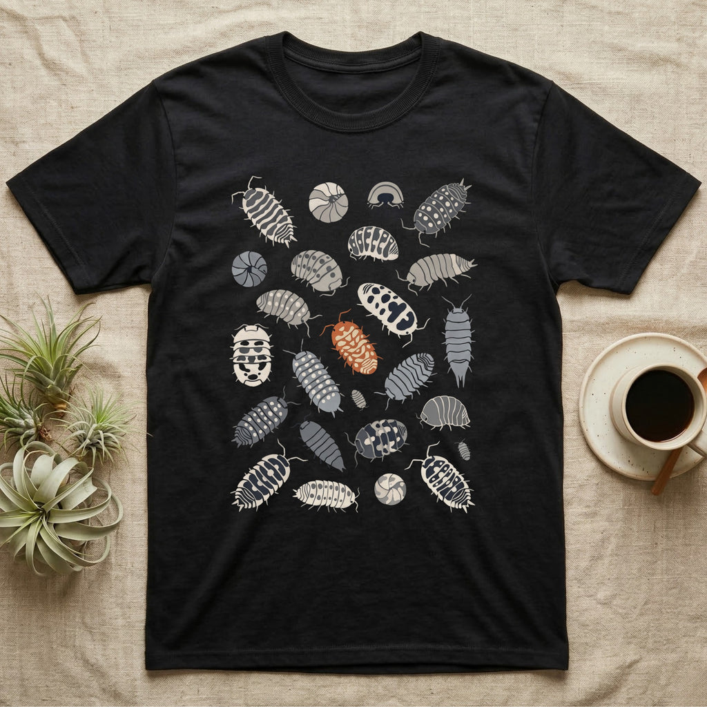 Isopod Morph Plate T-Shirt in Black — About twenty-five flat-painted isopods scattered across grey, all shapes and patterns, one of them orange.