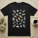 Isopod Morph Plate T-Shirt in Black — About twenty-five flat-painted isopods scattered across grey, all shapes and patterns, one of them orange.