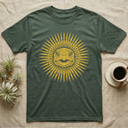 Hermann's Tortoise Sunburst T-Shirt in Military Green — Horn-yellow woodblock Hermann's tortoise seen head-on, its shell scutes radiating outward into a sunburst medallion.