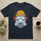 Green Iguana Headphones T-Shirt in Navy — Engraved green iguana with jowls and dorsal spines in a beanie and headphones, aviators reflecting a rainforest.