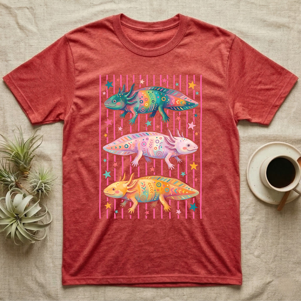 Axolotl Colourways Candy Stripe T-Shirt in Heather Red — Three gouache axolotls stacked in bands on pink candy stripes, facing left, right and left, with scattered stars