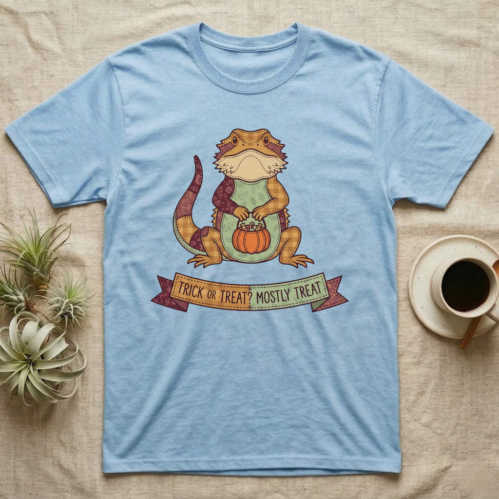 Bearded Dragon Mostly Treat T-Shirt in Light Blue — Patchwork-quilt bearded dragon holding a pumpkin pail, banner reading "Trick or Treat? Mostly Treat."