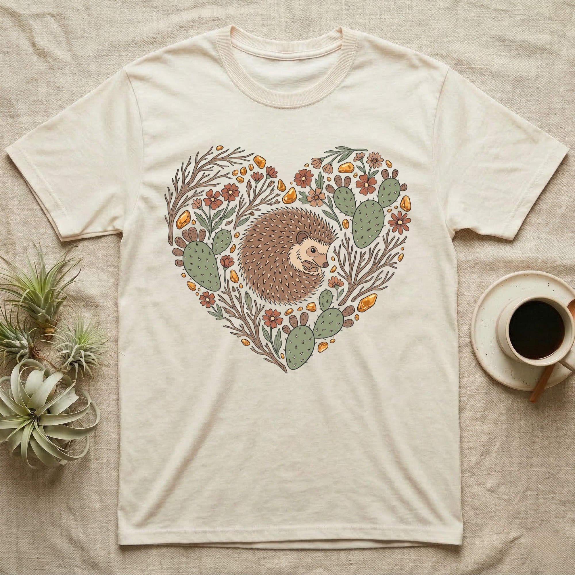 Cream t-shirt with heart-shaped hedgehog and succulent floral design.