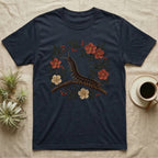 Vietnamese Centipede Botanical T-Shirt in Navy — Vietnamese giant centipede painted in matte oil, in profile on a branch inside an oval bower of flowering bramble.