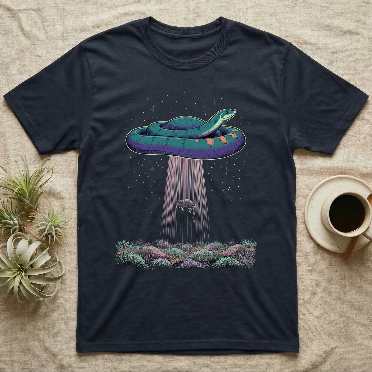Hognose Night Scene T-Shirt in Navy — A western hognose snake outlined in pale light above a stippled grass band and starfield, a fine beam falling below it.