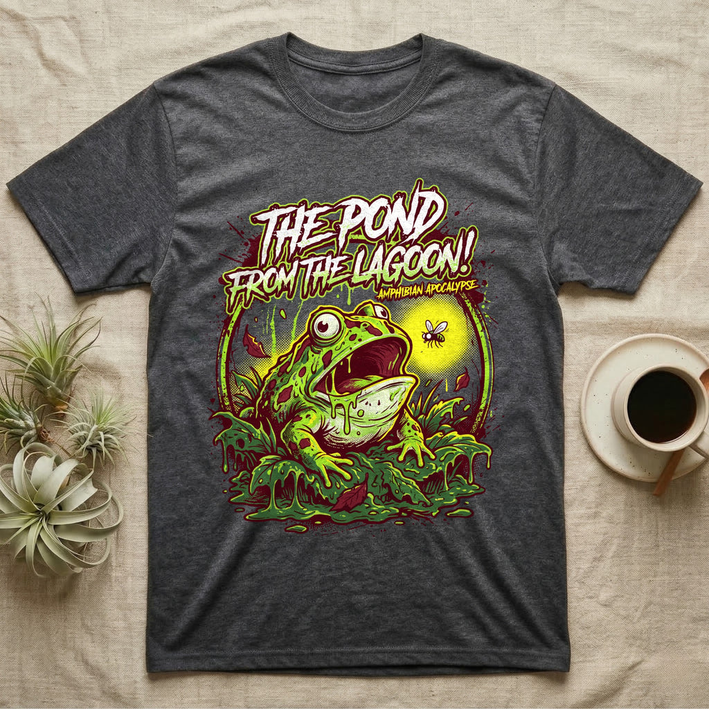 Pacman Frog Lagoon Apocalypse T-Shirt in Dark Heather — B-movie horror poster of a Pacman frog bursting from slime at a fly, "The Pond From the Lagoon, Amphibian Apocalypse."