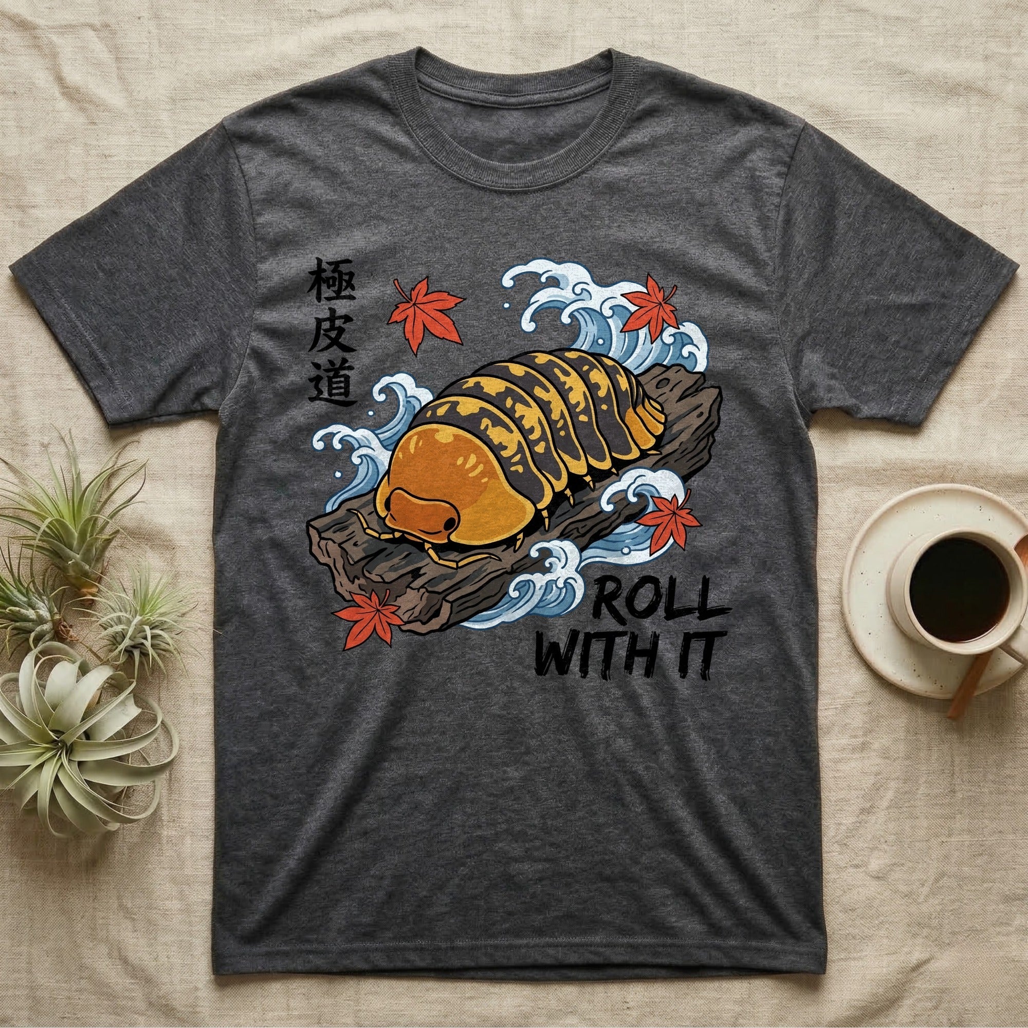 Rubber Ducky Isopod Ukiyo-e T-Shirt in Dark Heather — Ukiyo-e woodblock rubber ducky isopod on cork bark among waves and maple leaves, "Roll With It".