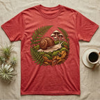 Garden Snail Moss Terrarium T-Shirt in Heather Red — Garden snail crossing moss inside a circular forest vignette of ferns, mushrooms, oak leaves and a beetle.