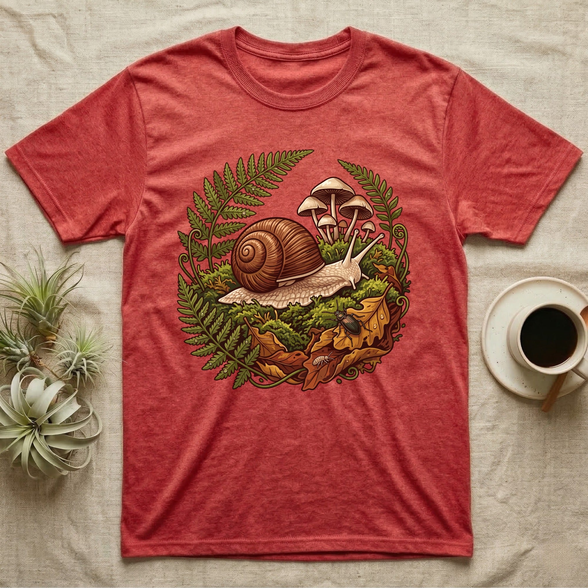 Garden Snail Moss Terrarium T-Shirt in Heather Red — Garden snail crossing moss inside a circular forest vignette of ferns, mushrooms, oak leaves and a beetle.