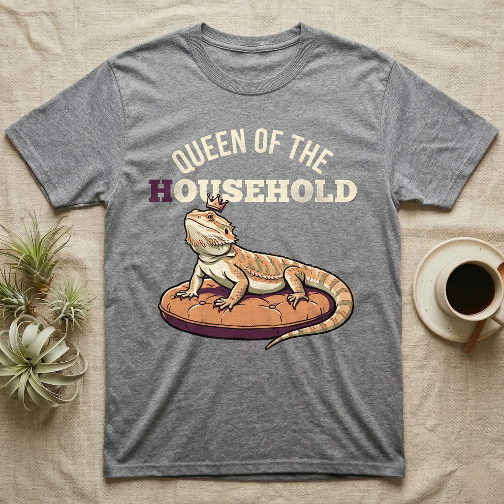 Queen Bearded Dragon T-Shirt in Sport Grey — Bold-vector illustration of a bearded dragon on a throne-cushion with a crown under varsity Queen of the Household lettering.