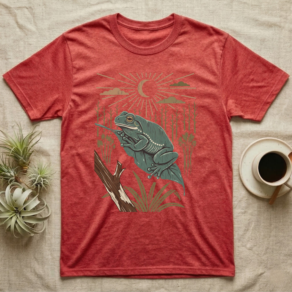 White's Tree Frog Home Range T-Shirt in Heather Red — Woodcut-style illustration of a White's tree frog resting on a broad wet leaf with reed stems and a crescent moon behind, no on-shirt text.