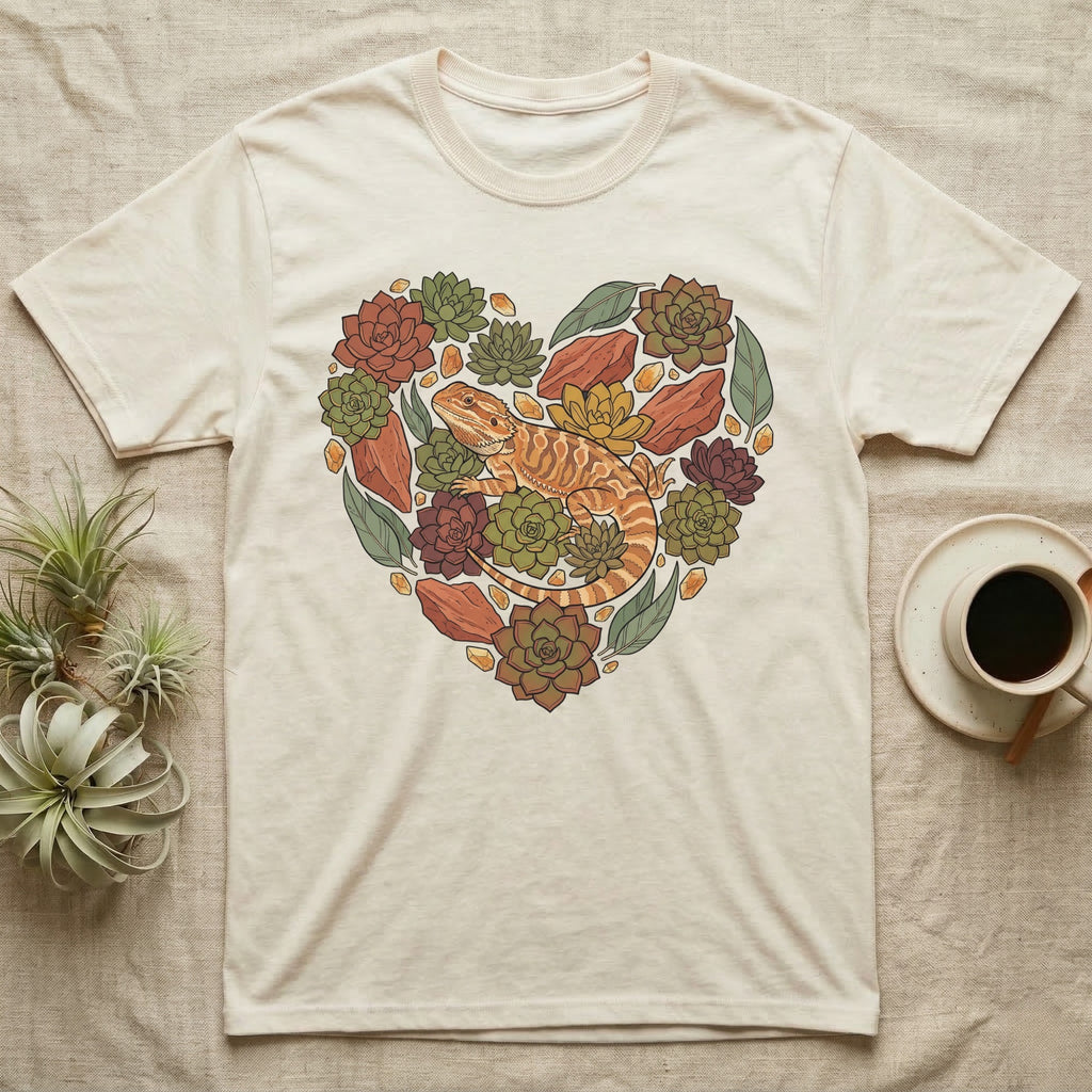 Cream t-shirt with a heart-shaped succulent and lizard design.
