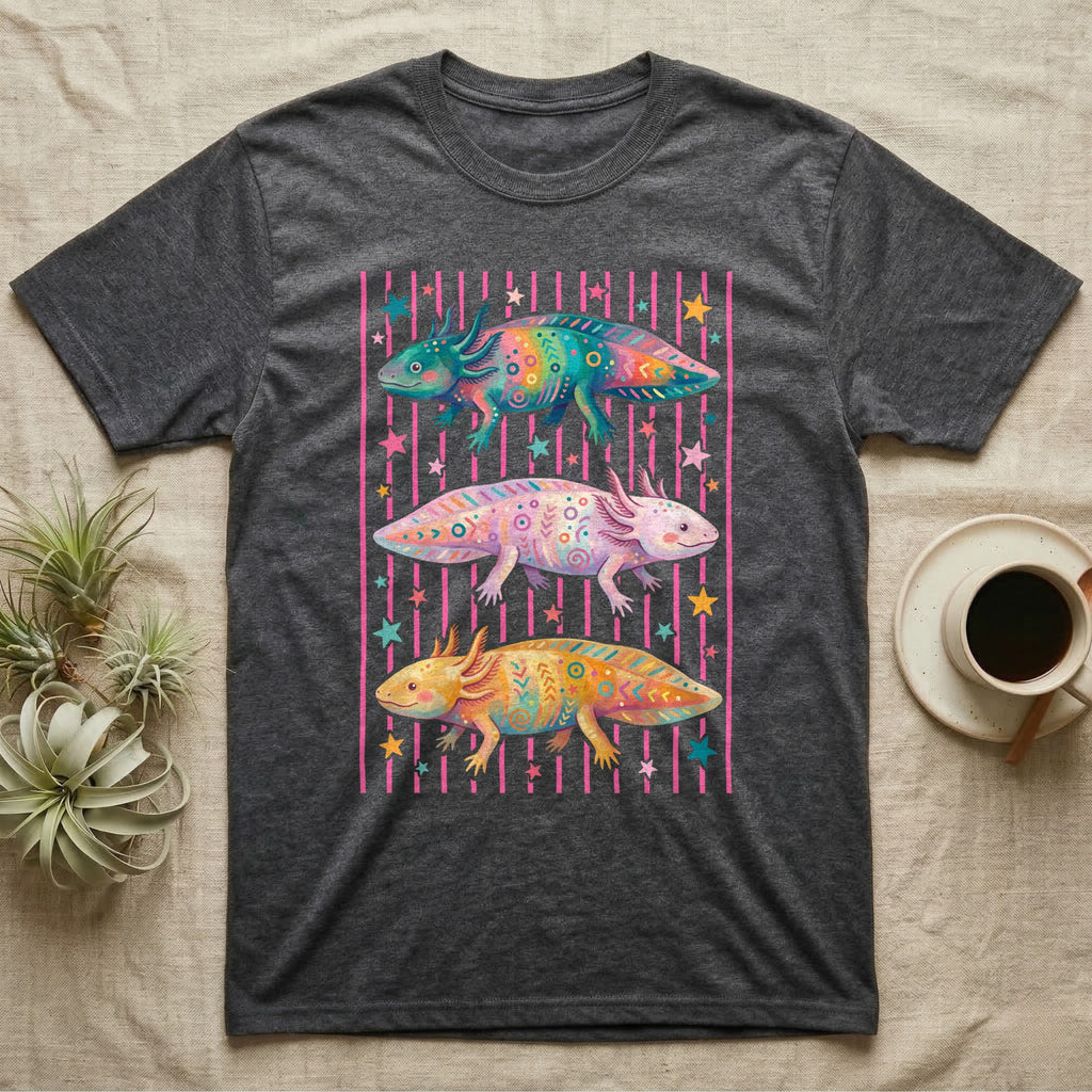 Axolotl Colourways Candy Stripe T-Shirt in Dark Heather — Three gouache axolotls stacked in bands on pink candy stripes, facing left, right and left, with scattered stars