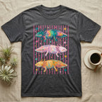 Axolotl Colourways Candy Stripe T-Shirt in Dark Heather — Three gouache axolotls stacked in bands on pink candy stripes, facing left, right and left, with scattered stars