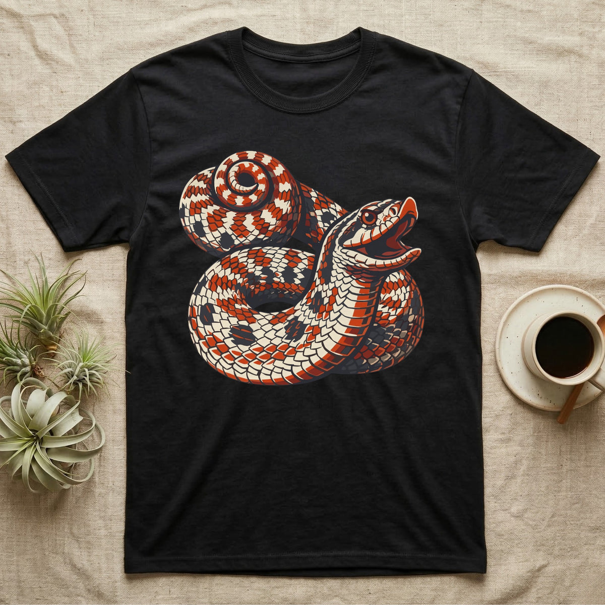 Hognose Snake Hood Flare T-Shirt in Black — Bold three-colour screen-print illustration of a coiled western hognose snake with its neck flared into a hood and mouth open, no on-shirt text.