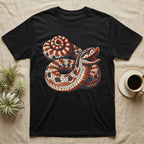 Hognose Snake Hood Flare T-Shirt in Black — Bold three-colour screen-print illustration of a coiled western hognose snake with its neck flared into a hood and mouth open, no on-shirt text.