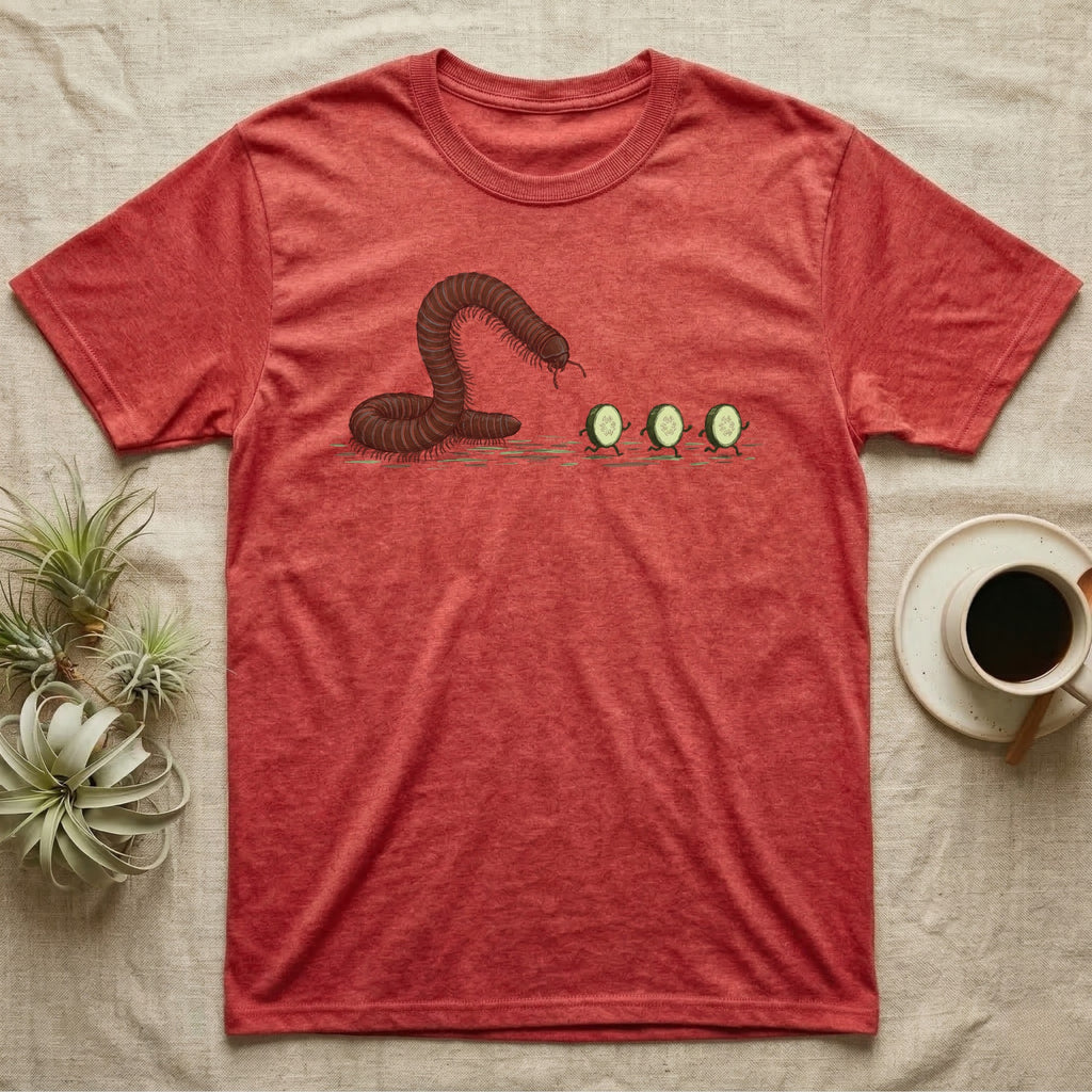 Millipede Cucumber Chase T-Shirt in Heather Red — A huge giant African millipede rearing up and chasing three small cucumber slices running away on tiny legs.