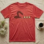 Millipede Cucumber Chase T-Shirt in Heather Red — A huge giant African millipede rearing up and chasing three small cucumber slices running away on tiny legs.