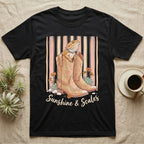 Bearded dragon in cowboy boots with "Sunshine & Scales" text.