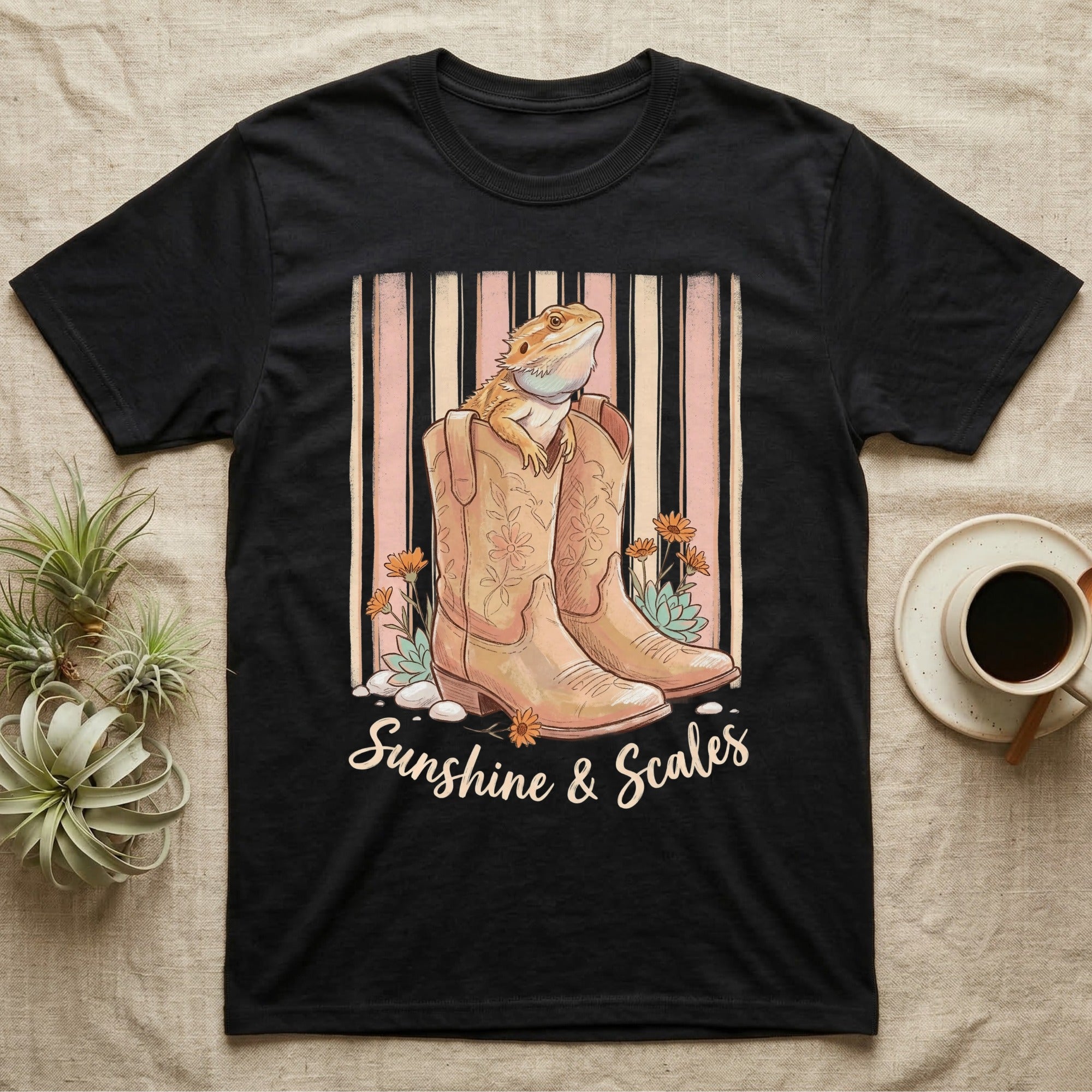 Bearded dragon in cowboy boots with "Sunshine & Scales" text.
