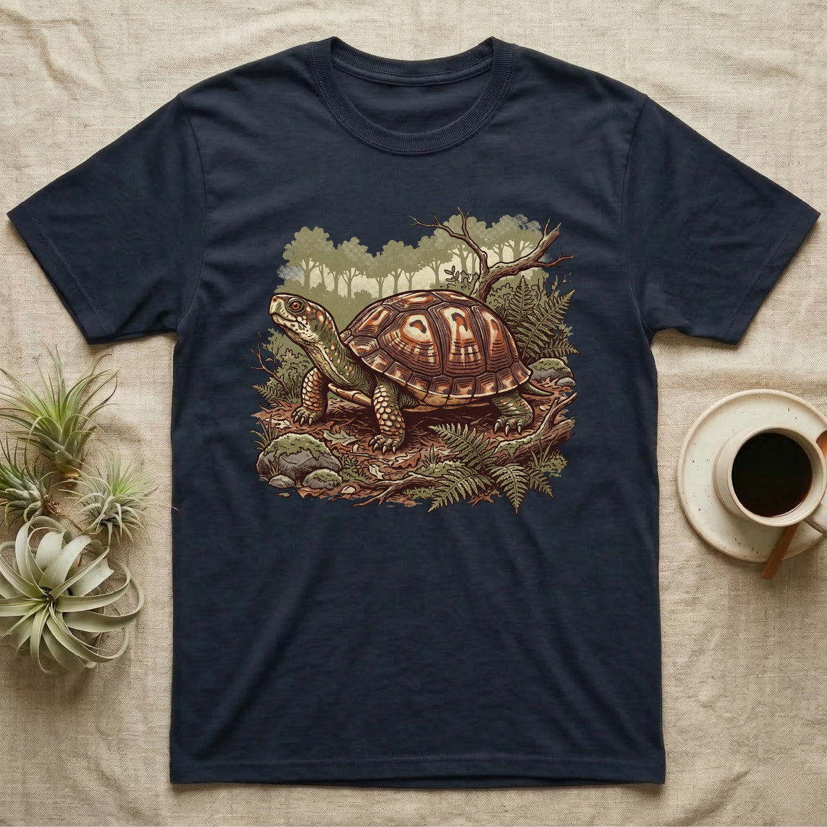 Wild Box Turtle T-Shirt in Navy — Retro conservation-poster illustration of a box turtle in a woodland habitat slice with ferns and leaf litter.