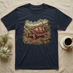 Wild Box Turtle T-Shirt in Navy — Retro conservation-poster illustration of a box turtle in a woodland habitat slice with ferns and leaf litter.