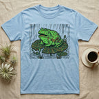 Light blue t-shirt with graphic of a frog on a lily pad in the rain.