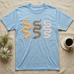 Hognose Morph Triptych T-Shirt in Light Blue — Palette-knife painting of three western hognose snakes side by side, albino, anaconda and snow morphs.