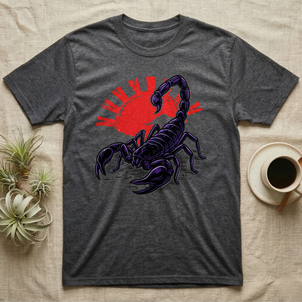 Dark grey t-shirt with a stylized purple scorpion and red sun graphic.