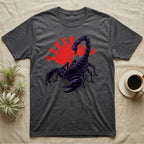 Dark grey t-shirt with a stylized purple scorpion and red sun graphic.